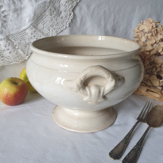 French white ironstone soup tureen, Creil et Montereau, c1880, shabby w tea stain patina