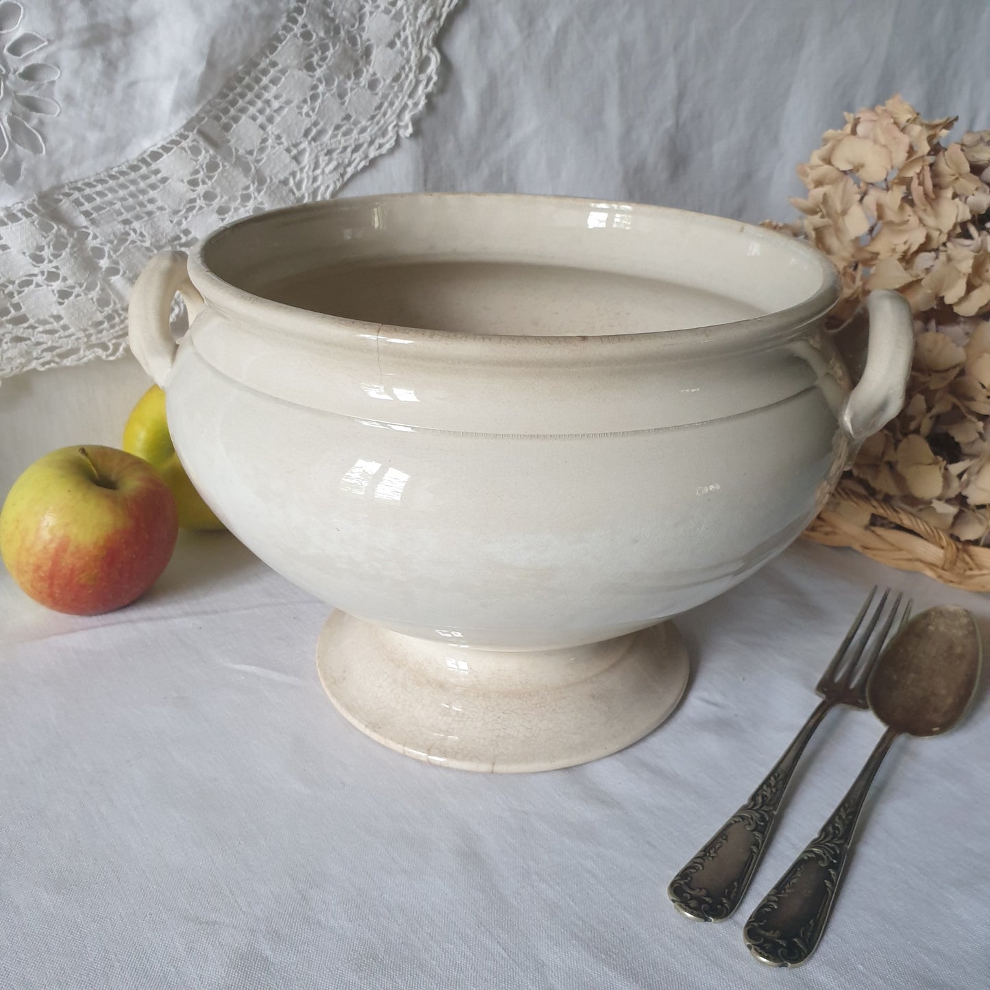 French white ironstone soup tureen, Creil et Montereau, c1880, shabby w tea stain patina