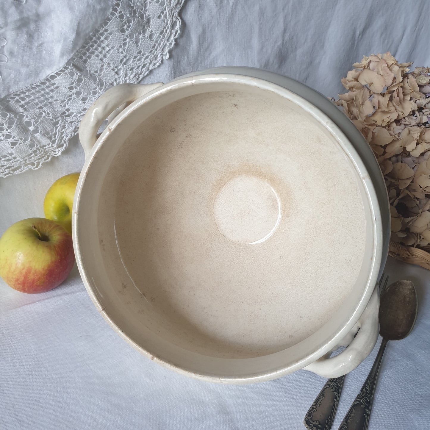 French white ironstone soup tureen, Creil et Montereau, c1880, shabby w tea stain patina