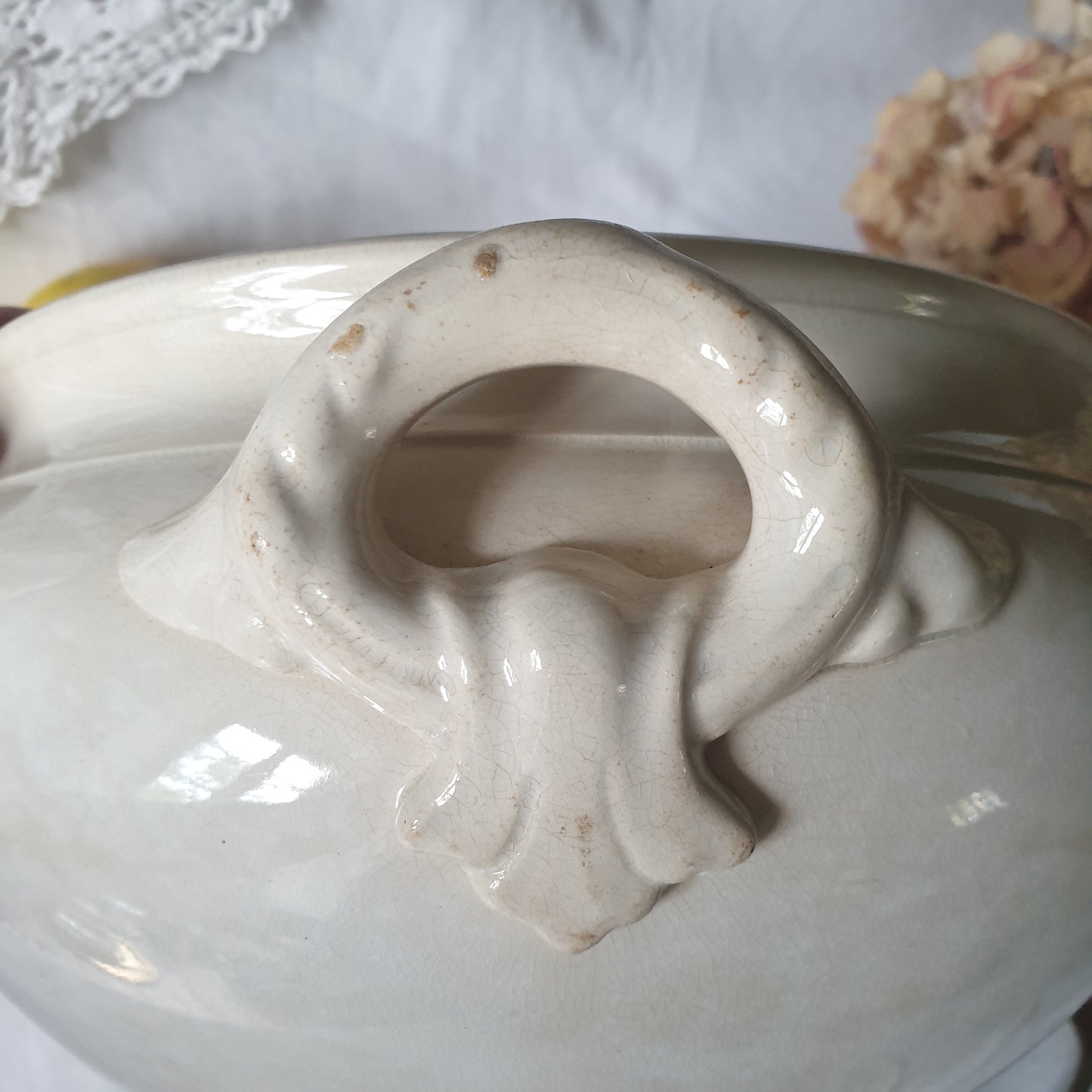 French white ironstone soup tureen, Creil et Montereau, c1880, shabby w tea stain patina