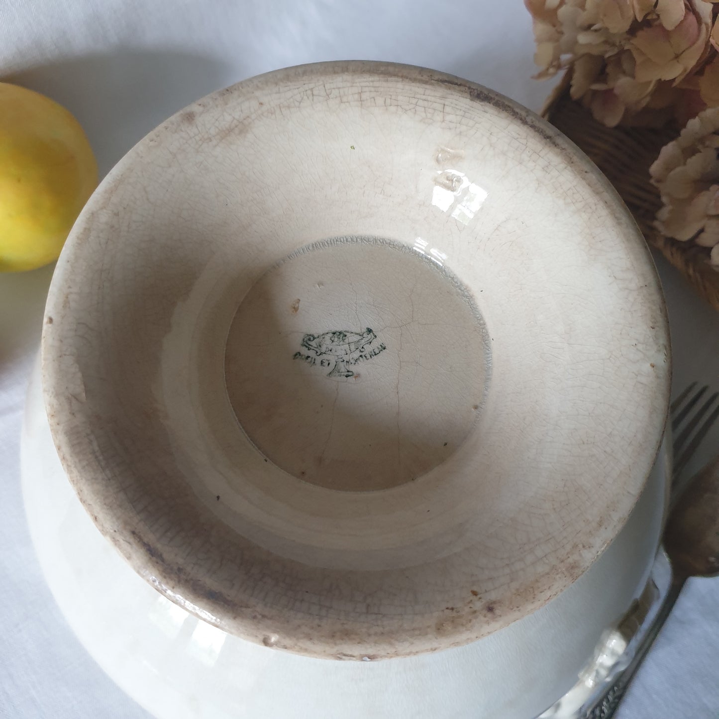 French white ironstone soup tureen, Creil et Montereau, c1880, shabby w tea stain patina