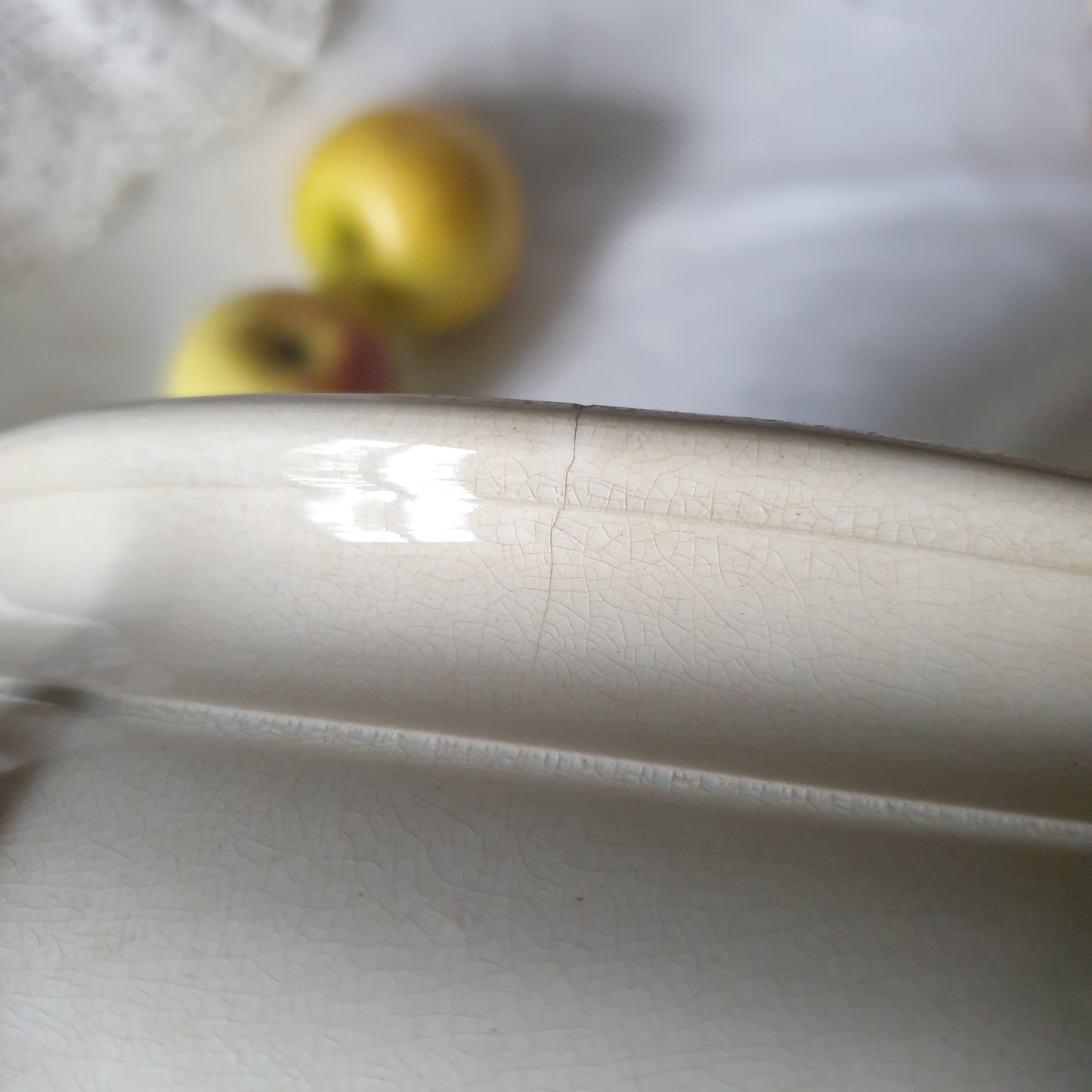 French white ironstone soup tureen, Creil et Montereau, c1880, shabby w tea stain patina