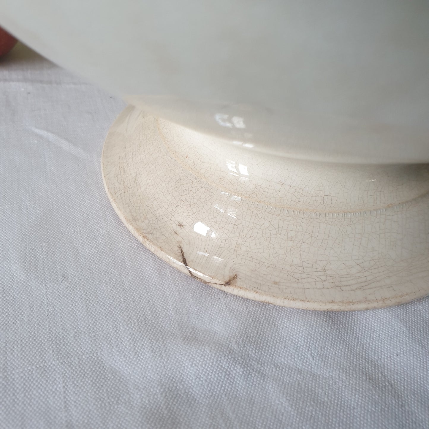 French white ironstone soup tureen, Creil et Montereau, c1880, shabby w tea stain patina