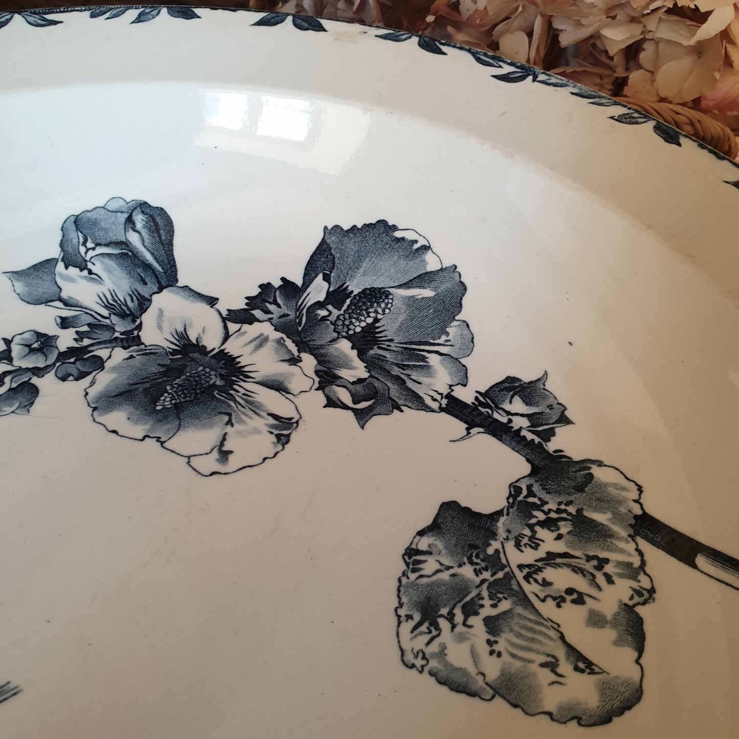 Choisy le Roi large ironstone antique dish, bird / floral, excellent cond. 'Oxford' pattern Boulenger & Cie, France