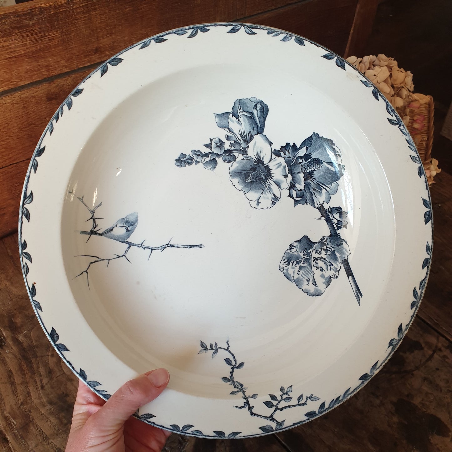 Choisy le Roi large ironstone antique dish, bird / floral, excellent cond. 'Oxford' pattern Boulenger & Cie, France