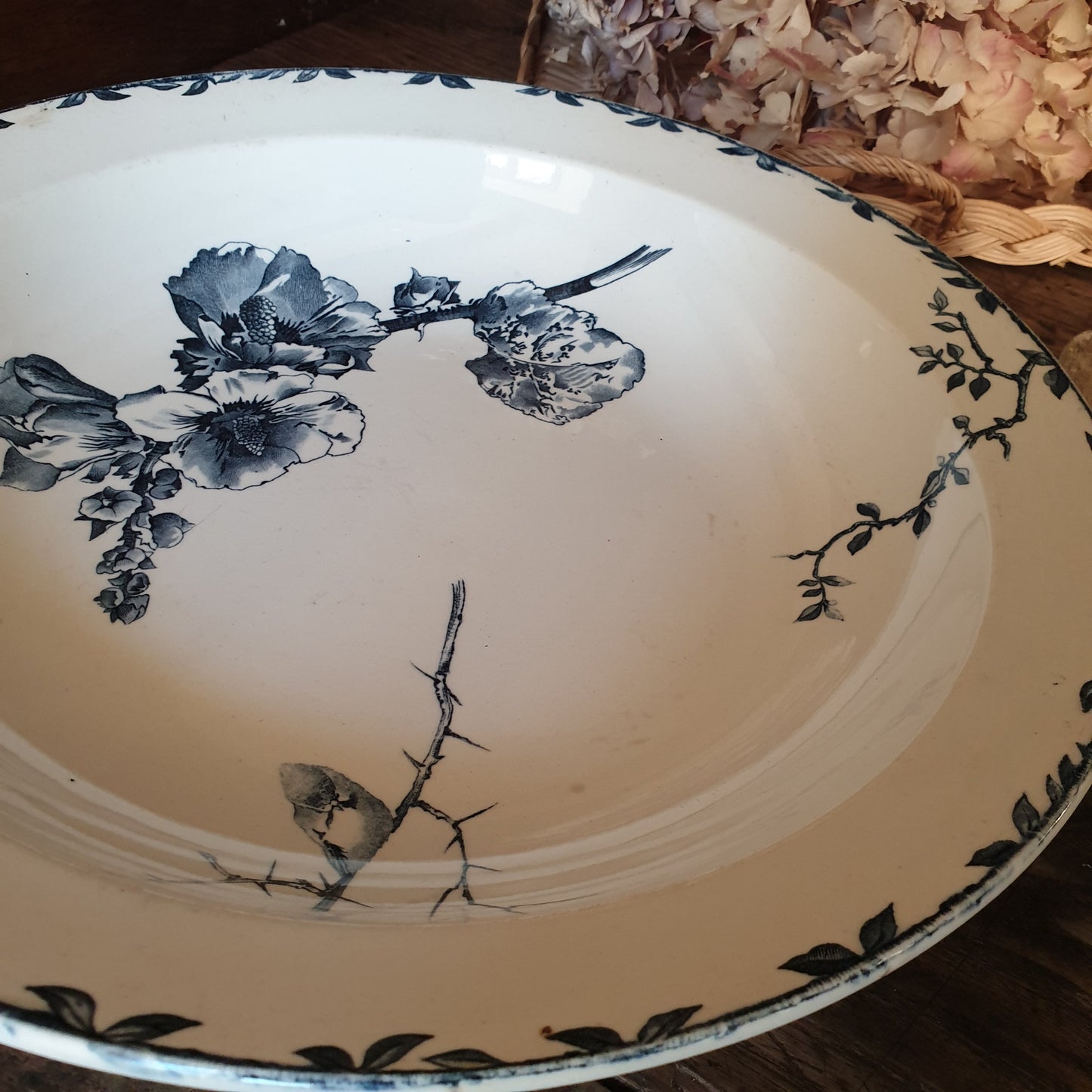 Choisy le Roi large ironstone antique dish, bird / floral, excellent cond. 'Oxford' pattern Boulenger & Cie, France