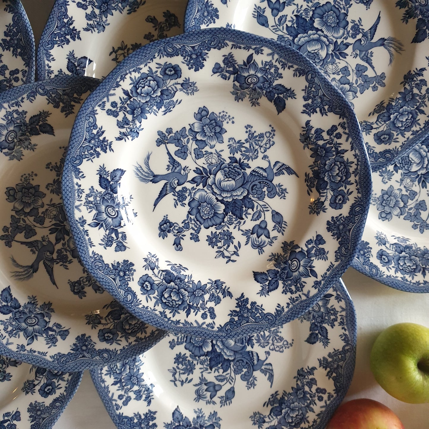 English ironstone vintage dinner set & coffee service, 12-24 places blue transferware, excellent cond. Asiatic Pheasants Enoch Wedgwood