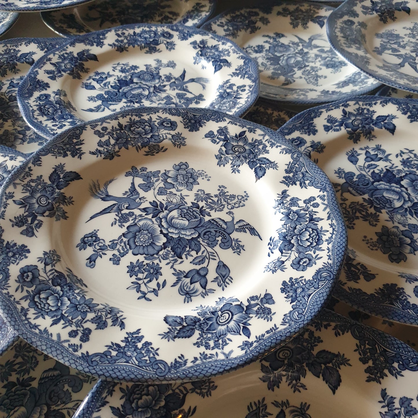 English ironstone vintage dinner set & coffee service, 12-24 places blue transferware, excellent cond. Asiatic Pheasants Enoch Wedgwood