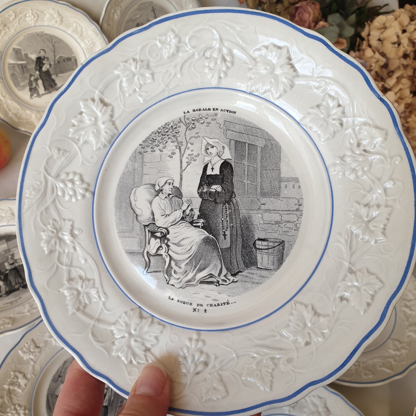 Set 12 French antique fine faience cabinet plates c1856-1860, Christian religious theme of morality in action, black transferware w blue border, Gien, France