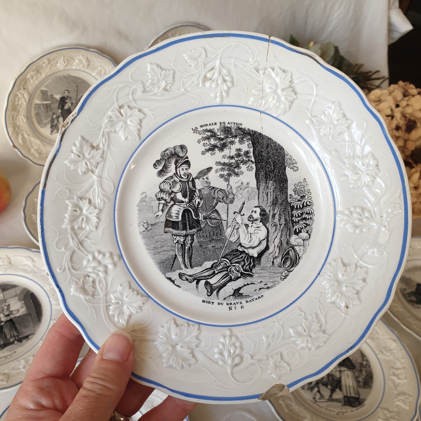 Set 12 French antique fine faience cabinet plates c1856-1860, Christian religious theme of morality in action, black transferware w blue border, Gien, France