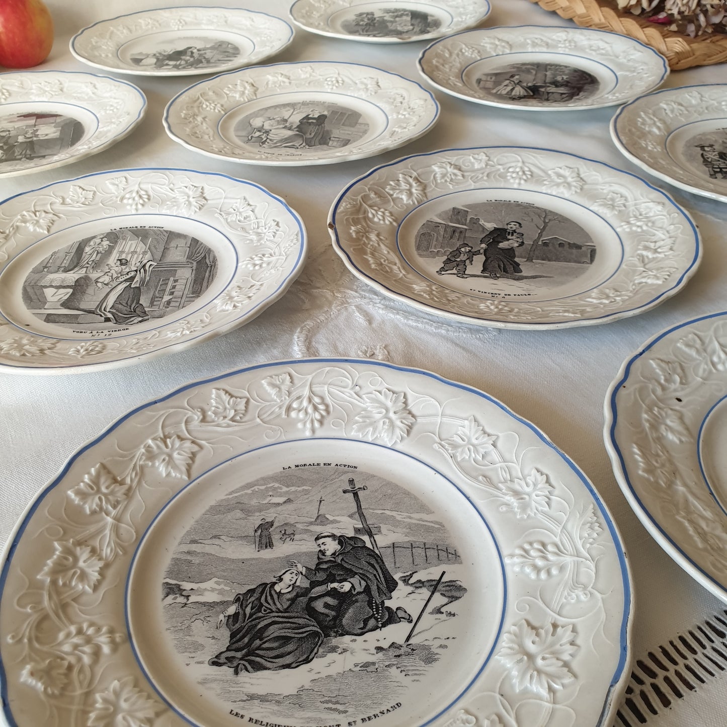 Set 12 French antique fine faience cabinet plates c1856-1860, Christian religious theme of morality in action, black transferware w blue border, Gien, France