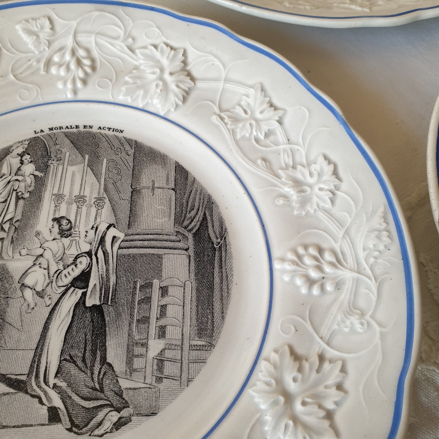 Set 12 French antique fine faience cabinet plates c1856-1860, Christian religious theme of morality in action, black transferware w blue border, Gien, France