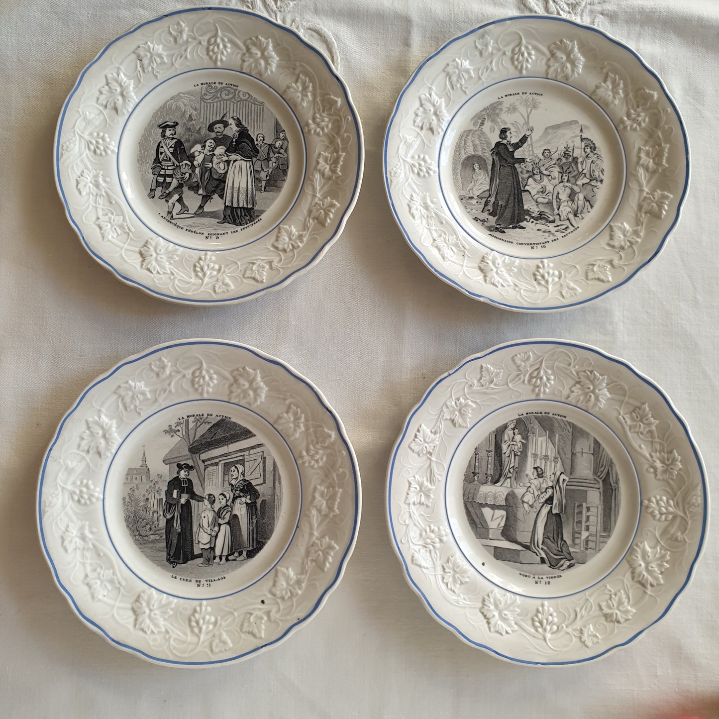 Set 12 French antique fine faience cabinet plates c1856-1860, Christian religious theme of morality in action, black transferware w blue border, Gien, France