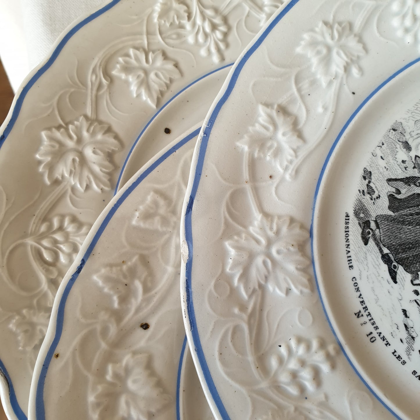 Set 12 French antique fine faience cabinet plates c1856-1860, Christian religious theme of morality in action, black transferware w blue border, Gien, France