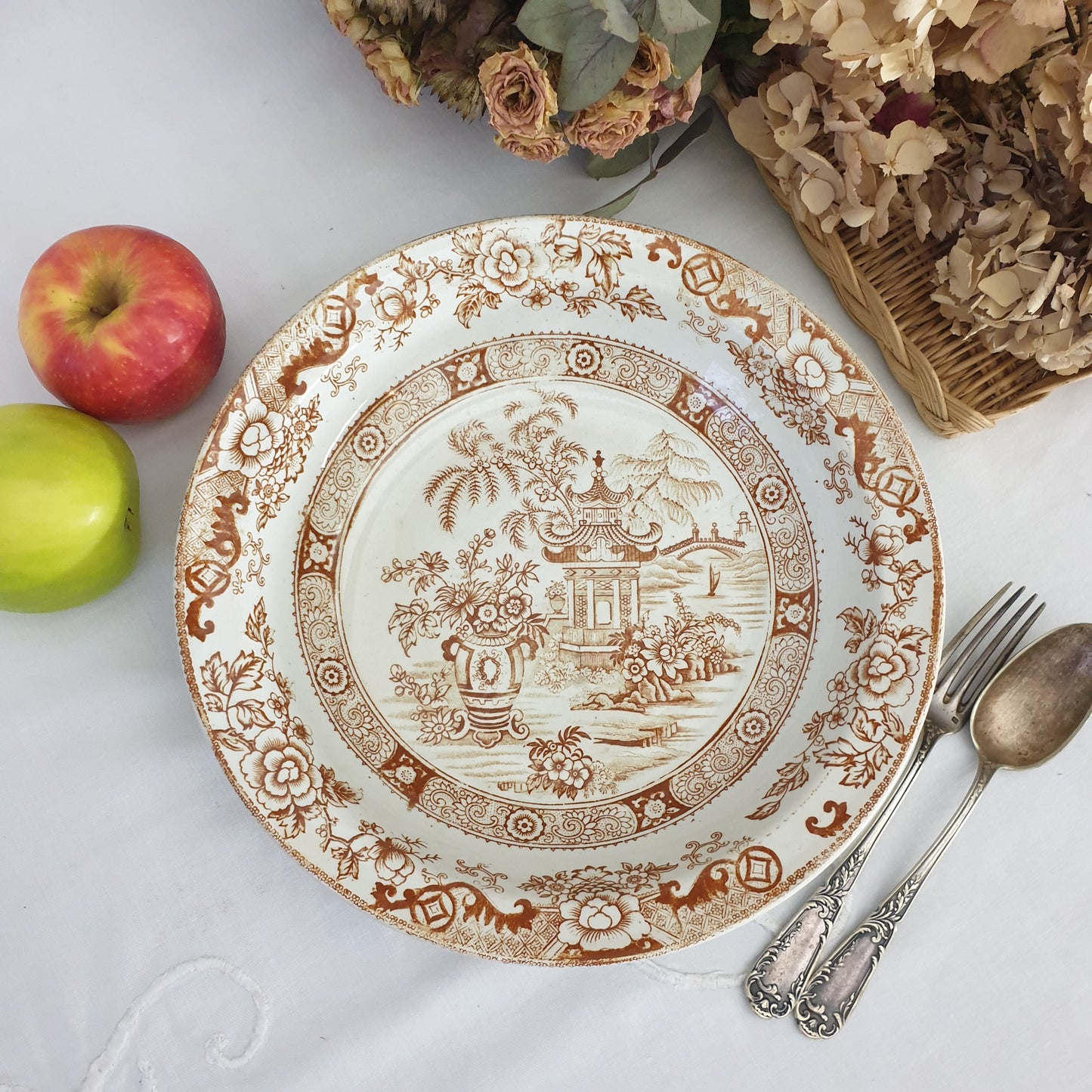 Antique French Creil et Montereau brown & white salad bowl, sepia transferware willow pattern variation c1880