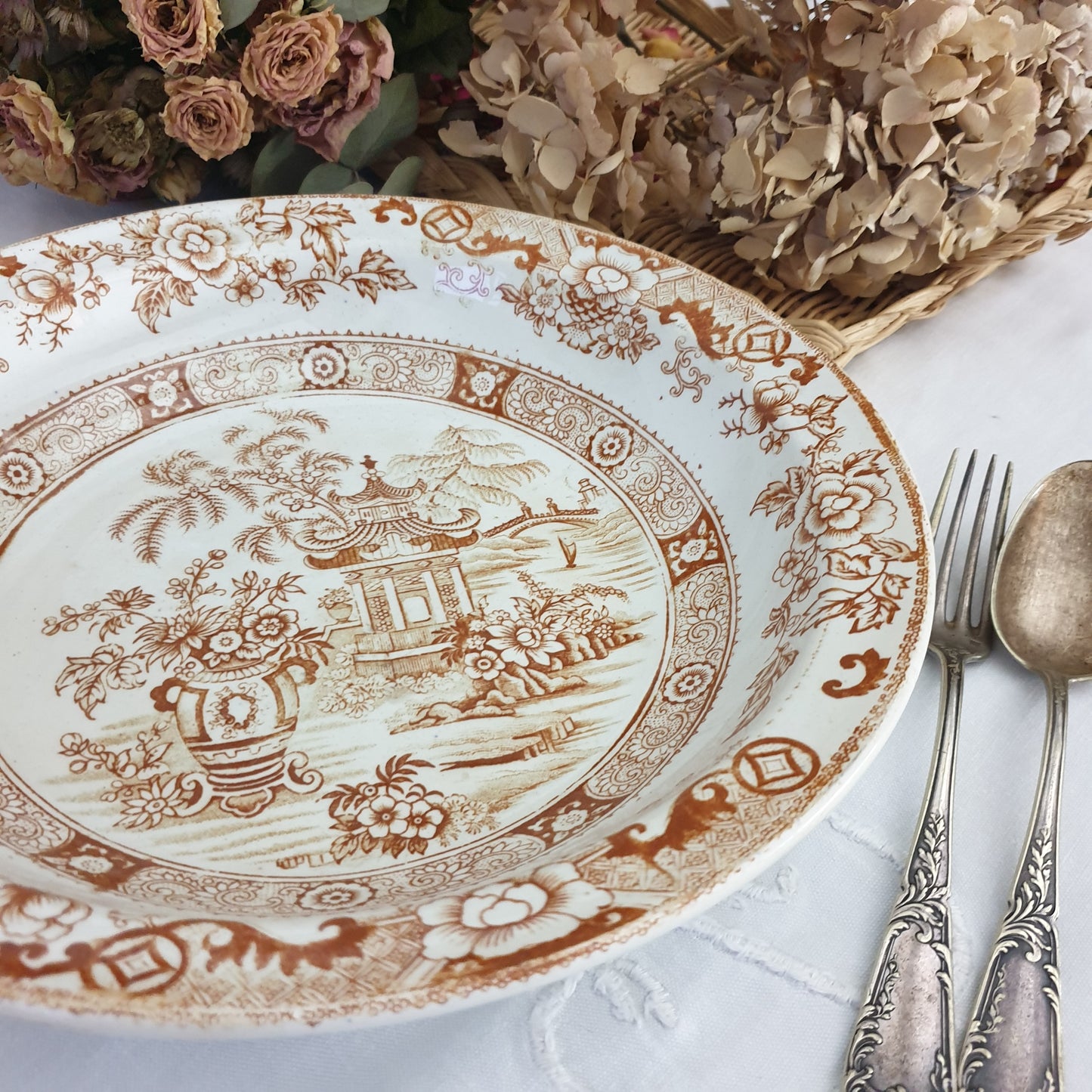 Antique French Creil et Montereau brown & white salad bowl, sepia transferware willow pattern variation c1880