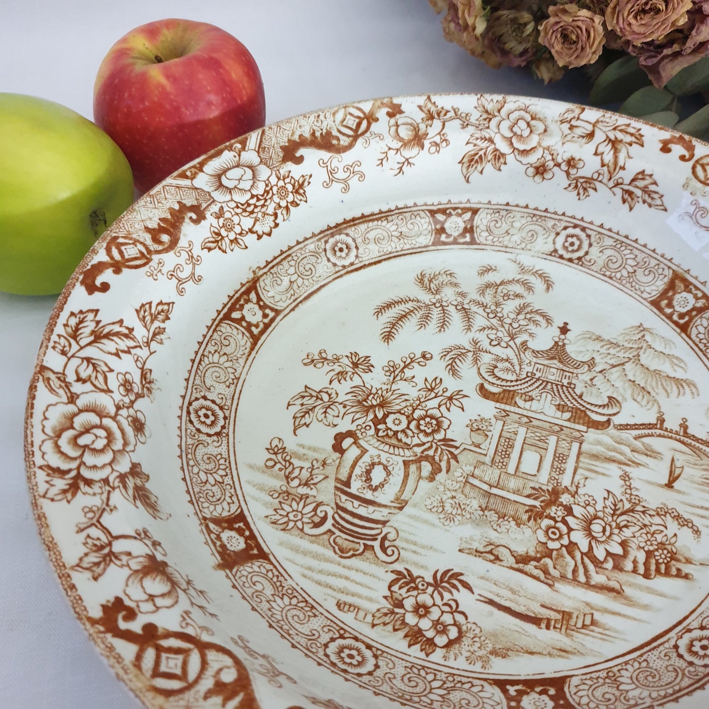 Antique French Creil et Montereau brown & white salad bowl, sepia transferware willow pattern variation c1880