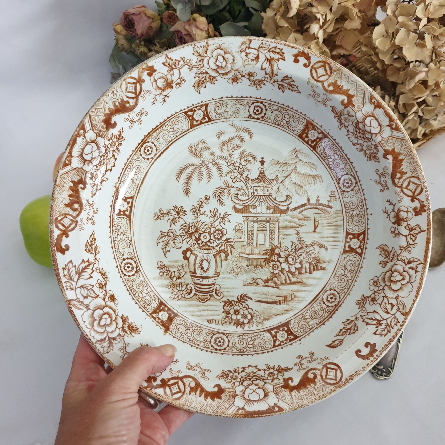 Antique French Creil et Montereau brown & white salad bowl, sepia transferware willow pattern variation c1880