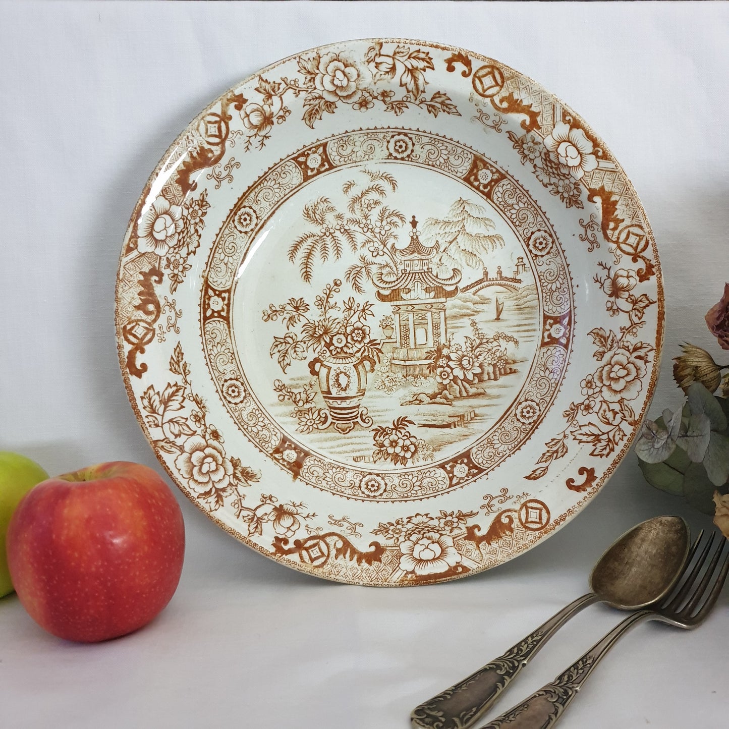 Antique French Creil et Montereau brown & white salad bowl, sepia transferware willow pattern variation c1880