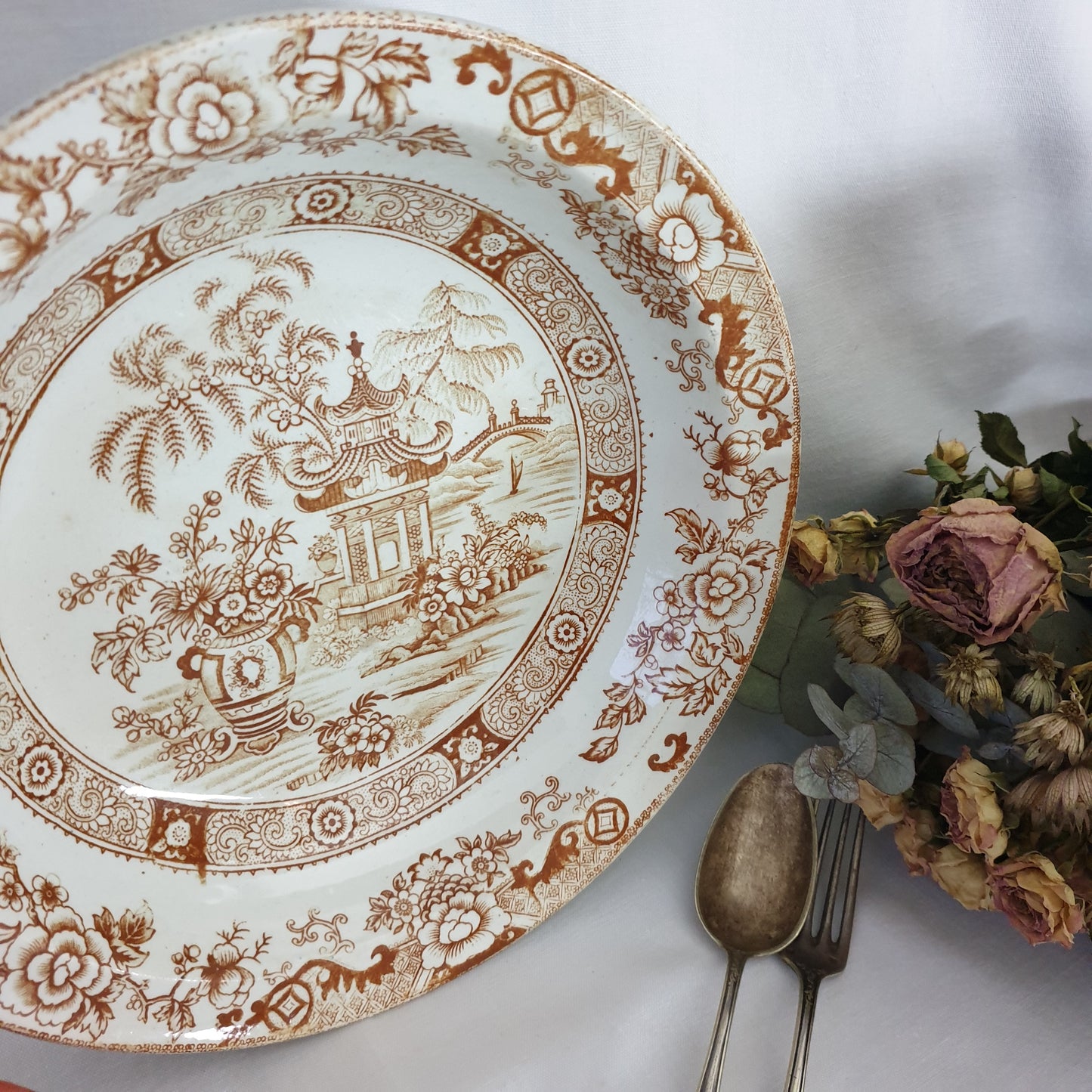 Antique French Creil et Montereau brown & white salad bowl, sepia transferware willow pattern variation c1880