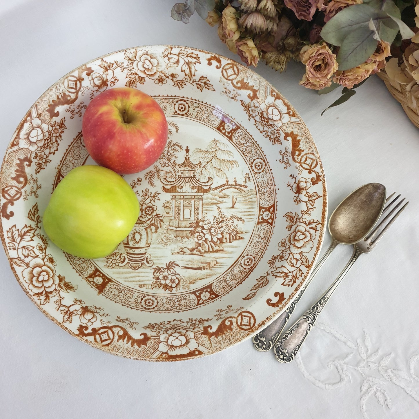 Antique French Creil et Montereau brown & white salad bowl, sepia transferware willow pattern variation c1880