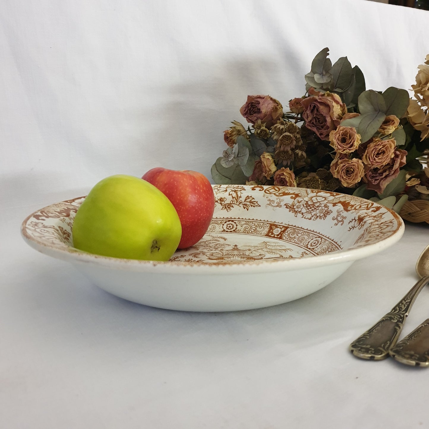 Antique French Creil et Montereau brown & white salad bowl, sepia transferware willow pattern variation c1880