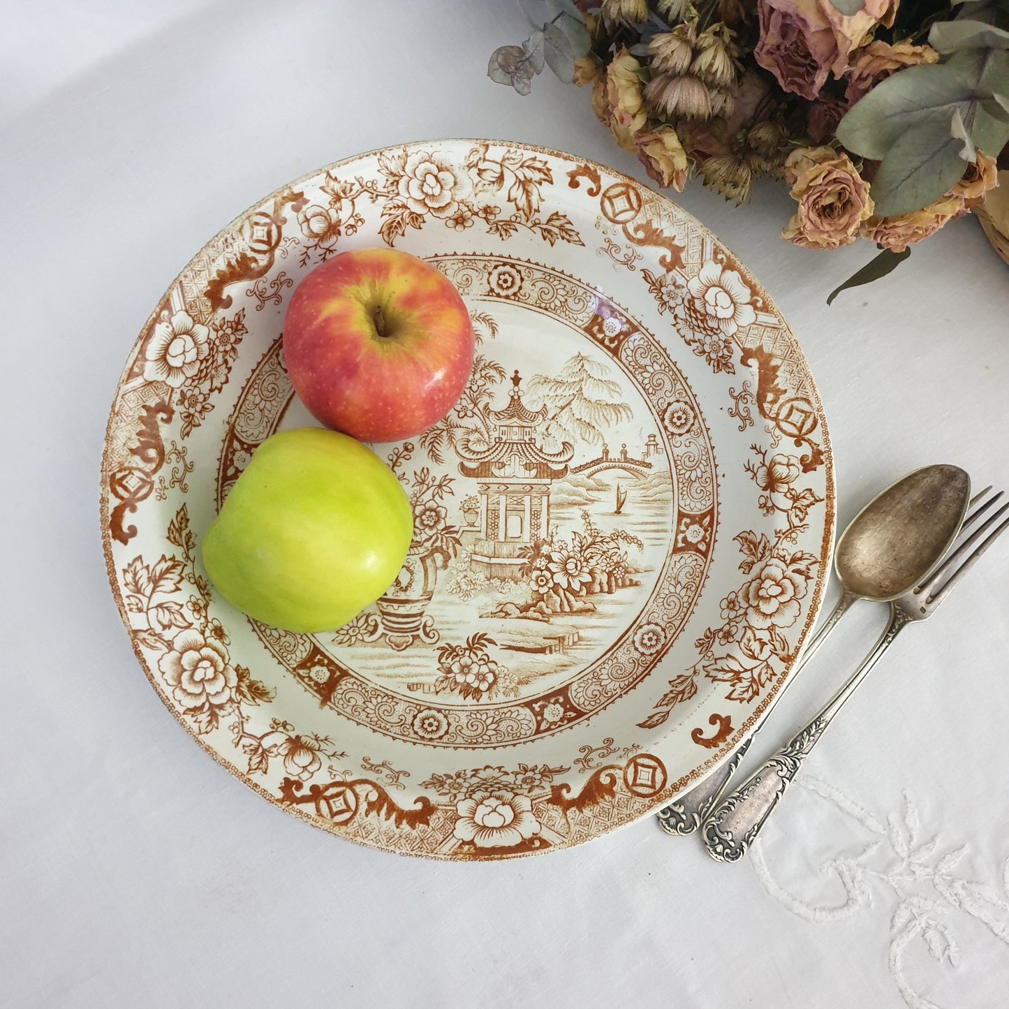 Antique French Creil et Montereau brown & white salad bowl, sepia transferware willow pattern variation c1880