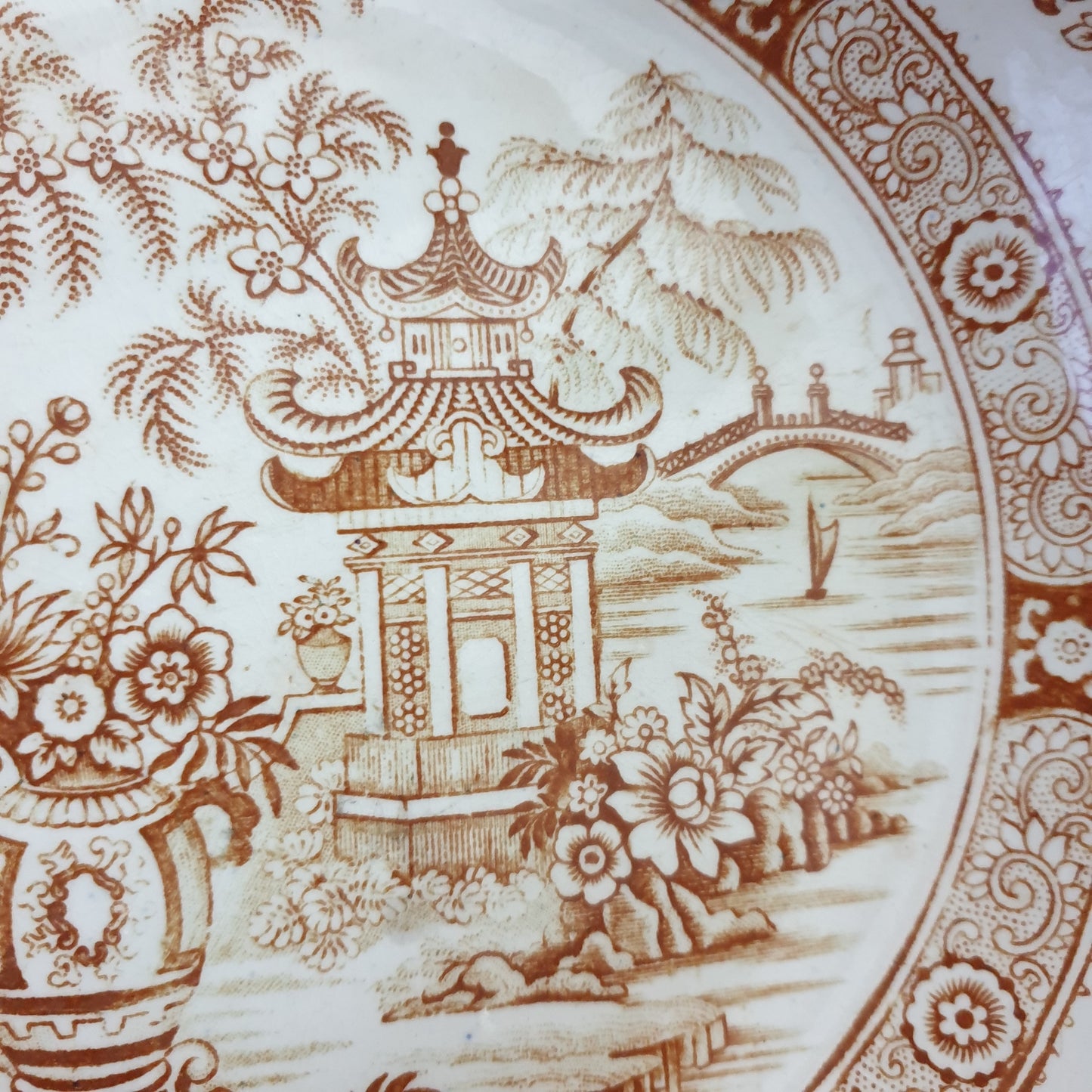 Antique French Creil et Montereau brown & white salad bowl, sepia transferware willow pattern variation c1880