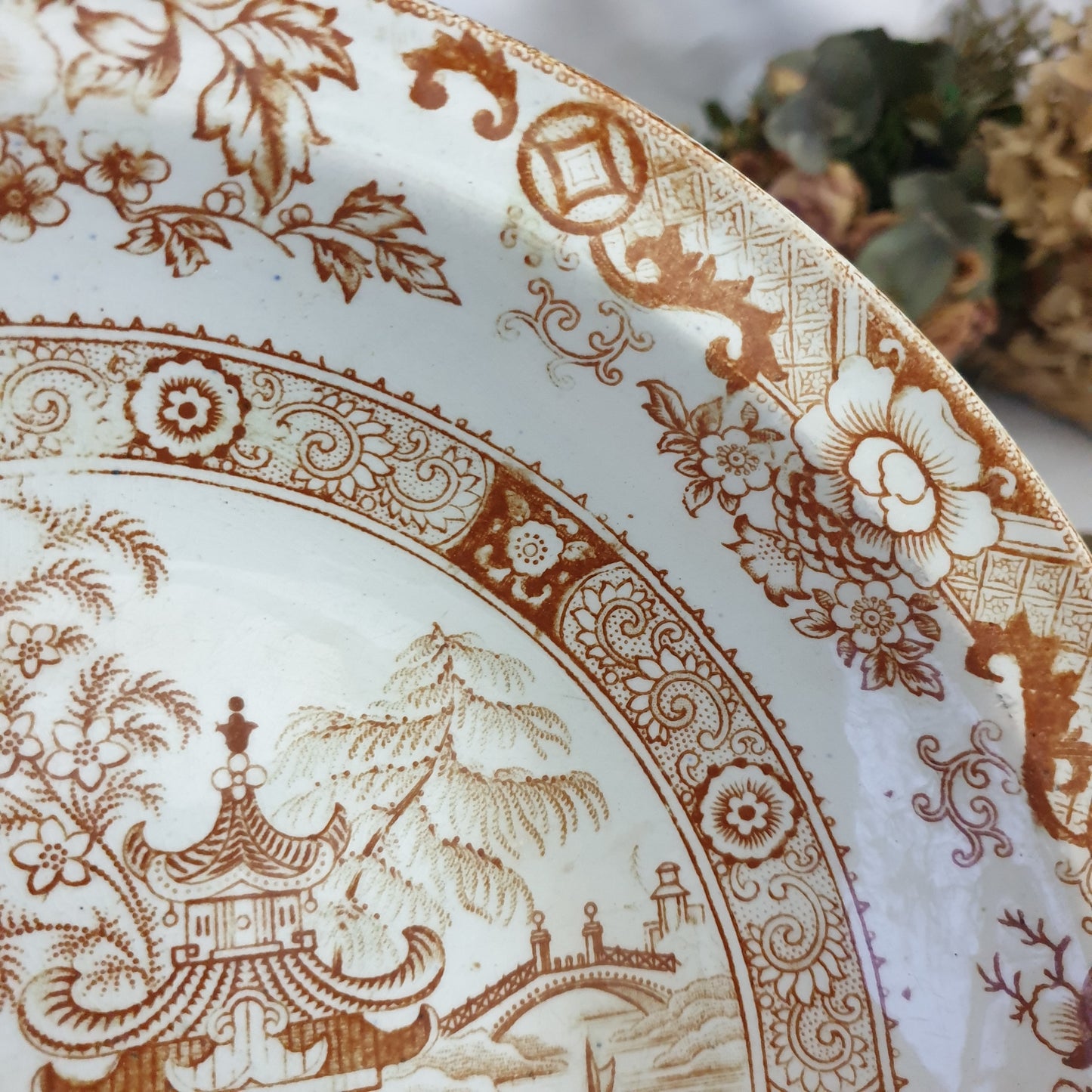 Antique French Creil et Montereau brown & white salad bowl, sepia transferware willow pattern variation c1880