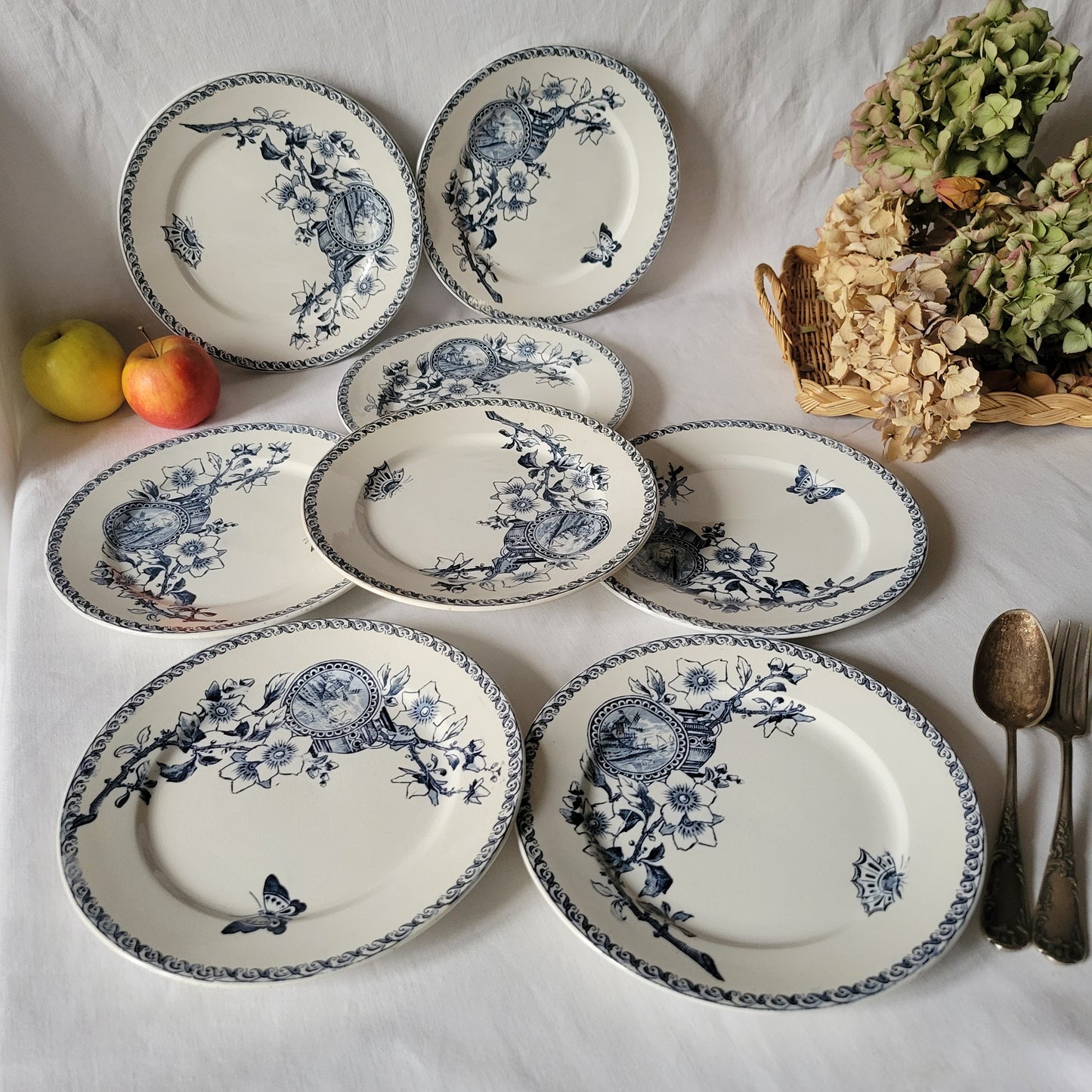 SET of 8 Sarreguemines blue transferware side plates, French antique with butterflies Aesthetic Movement, Arts and Crafts, France c1890