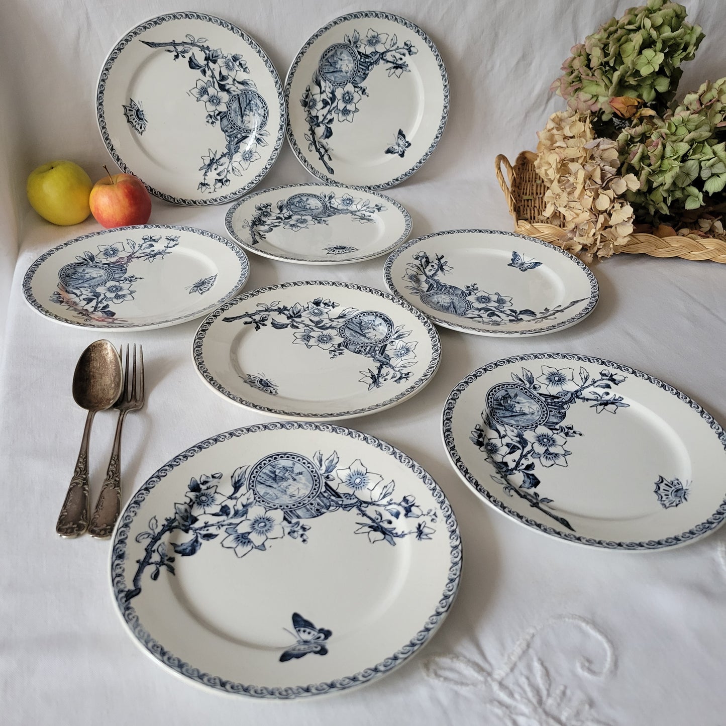 SET of 8 Sarreguemines blue transferware side plates, French antique with butterflies Aesthetic Movement, Arts and Crafts, France c1890