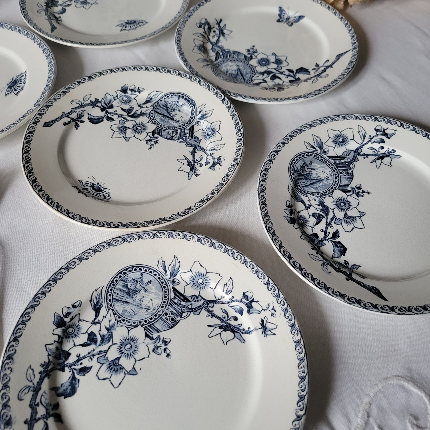 SET of 8 Sarreguemines blue transferware side plates, French antique with butterflies Aesthetic Movement, Arts and Crafts, France c1890