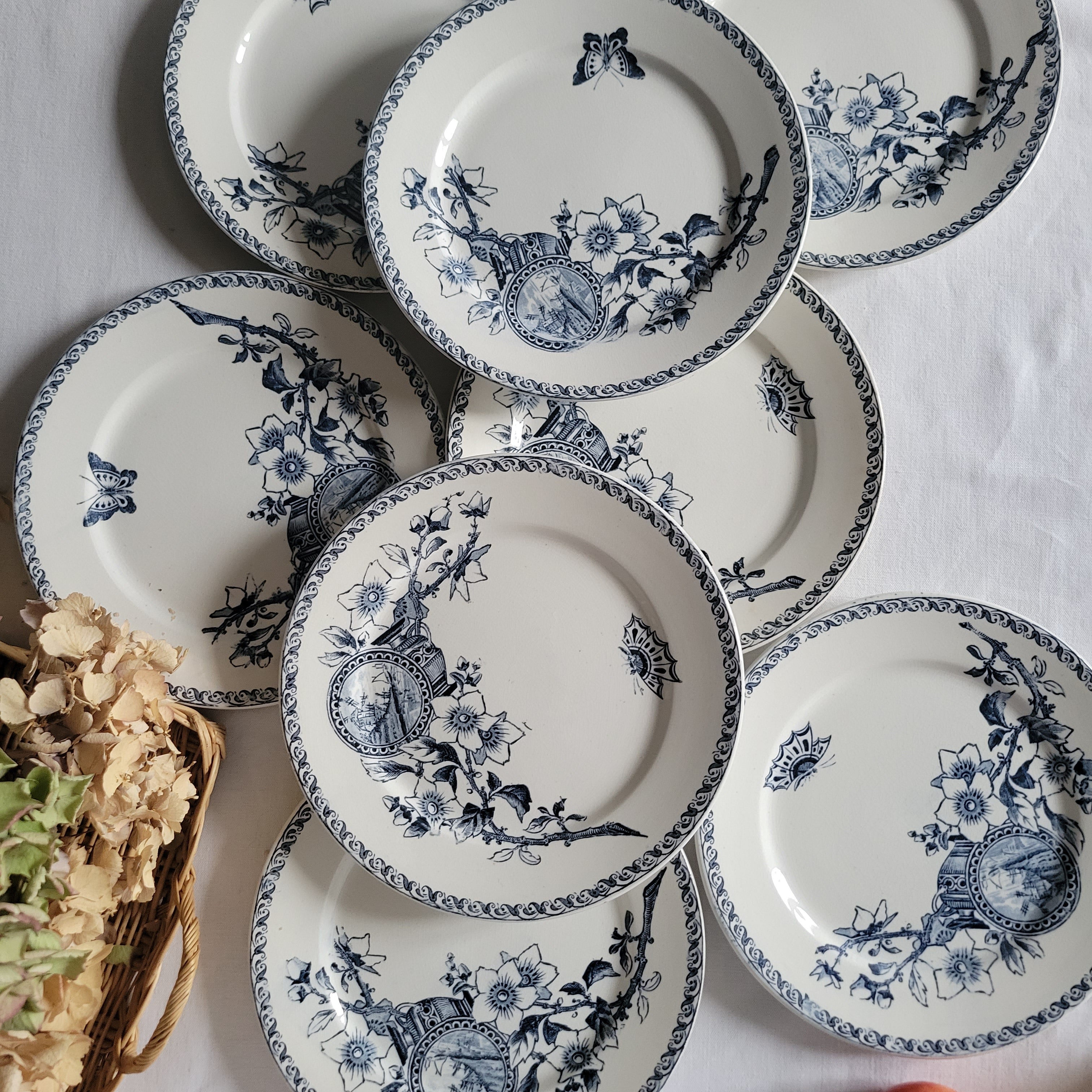 SET of 8 Sarreguemines blue transferware side plates, French antique with  butterflies Aesthetic Movement, Arts and Crafts, France c1890