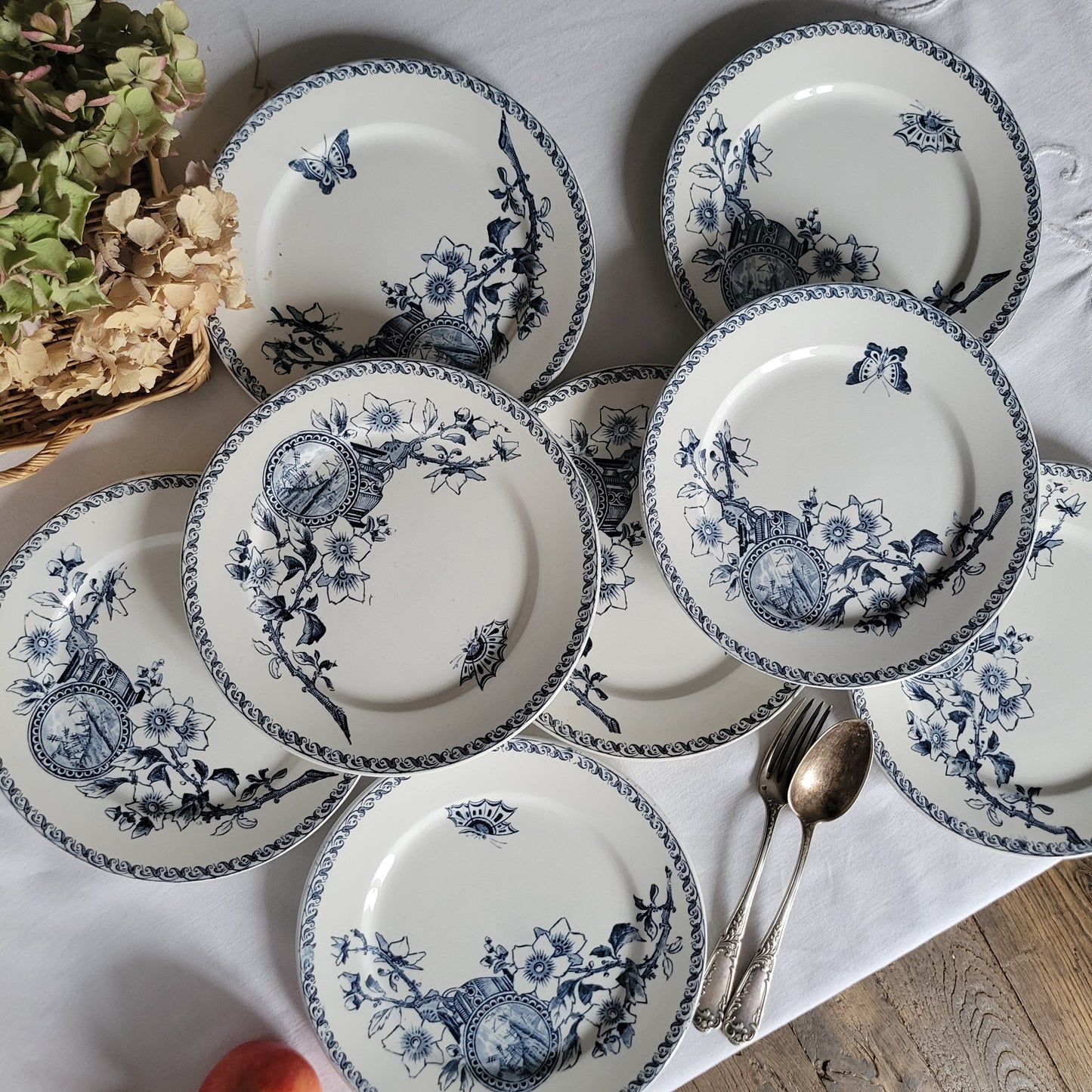 SET of 8 Sarreguemines blue transferware side plates, French antique with butterflies Aesthetic Movement, Arts and Crafts, France c1890