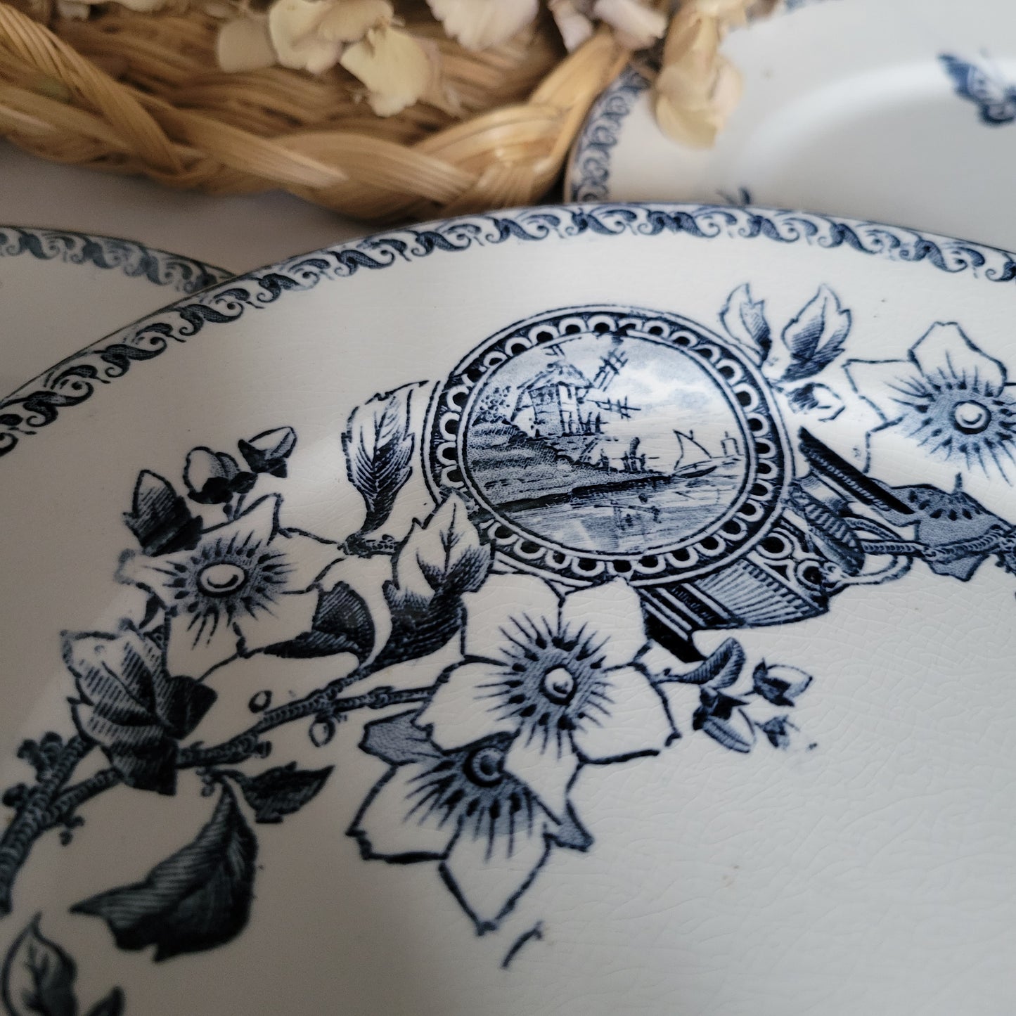 SET of 8 Sarreguemines blue transferware side plates, French antique with butterflies Aesthetic Movement, Arts and Crafts, France c1890