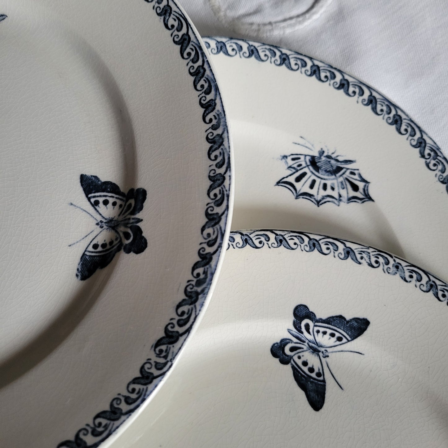 SET of 8 Sarreguemines blue transferware side plates, French antique with butterflies Aesthetic Movement, Arts and Crafts, France c1890