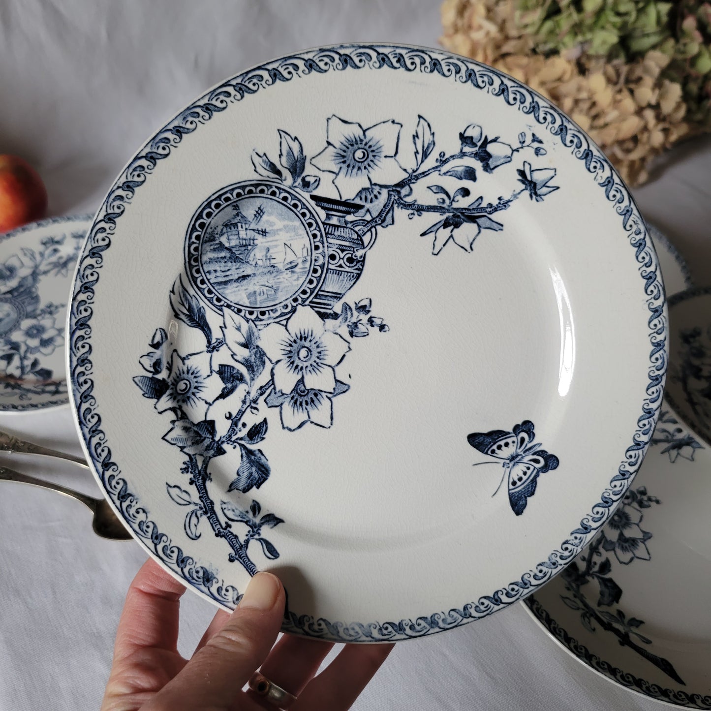 SET of 8 Sarreguemines blue transferware side plates, French antique with butterflies Aesthetic Movement, Arts and Crafts, France c1890