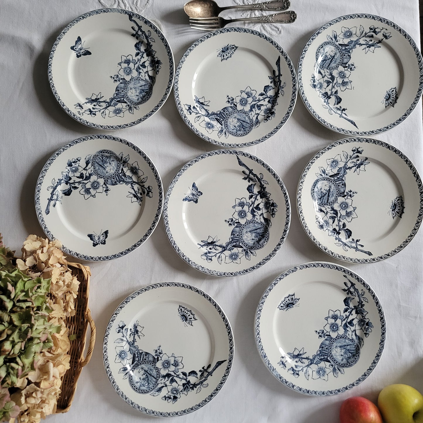 SET of 8 Sarreguemines blue transferware side plates, French antique with butterflies Aesthetic Movement, Arts and Crafts, France c1890