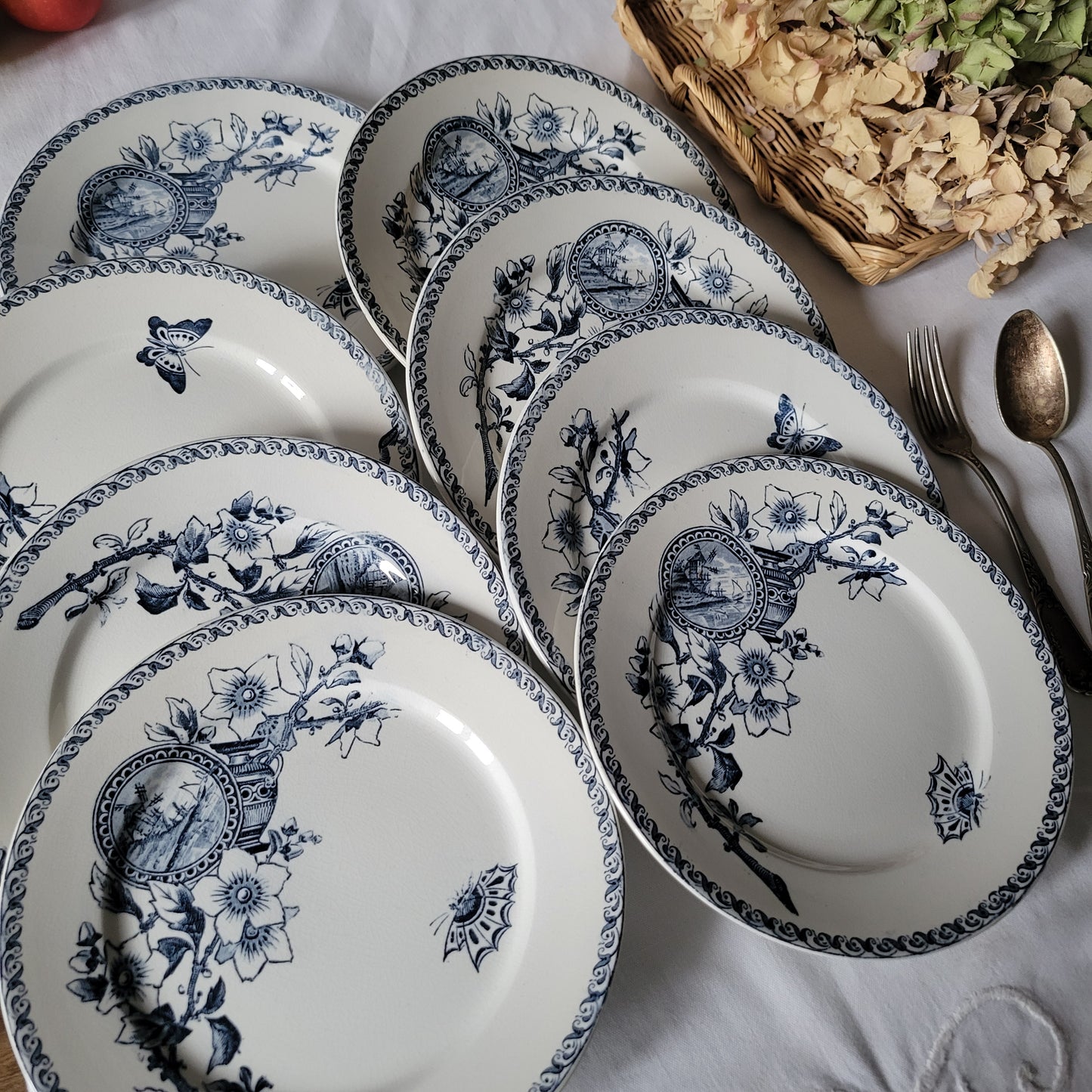 SET of 8 Sarreguemines blue transferware side plates, French antique with butterflies Aesthetic Movement, Arts and Crafts, France c1890