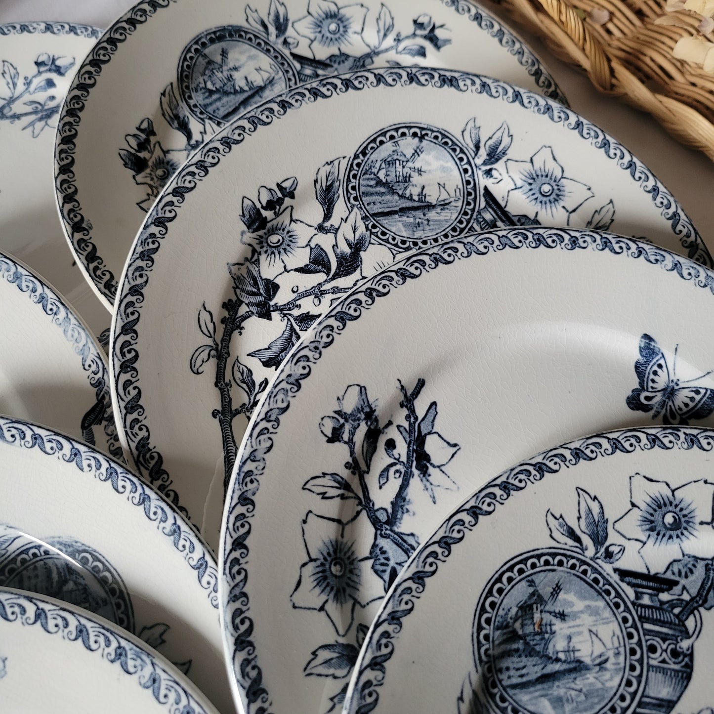 SET of 8 Sarreguemines blue transferware side plates, French antique with butterflies Aesthetic Movement, Arts and Crafts, France c1890