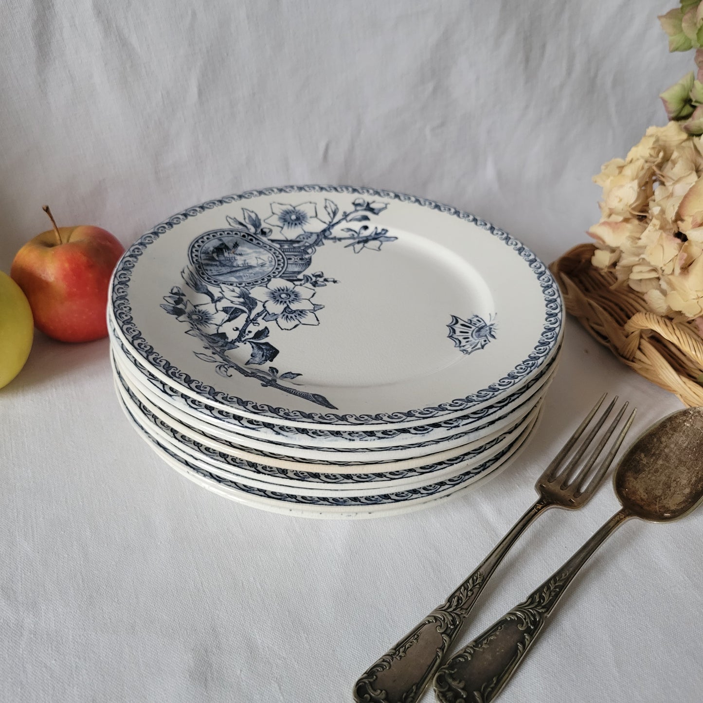 SET of 8 Sarreguemines blue transferware side plates, French antique with butterflies Aesthetic Movement, Arts and Crafts, France c1890