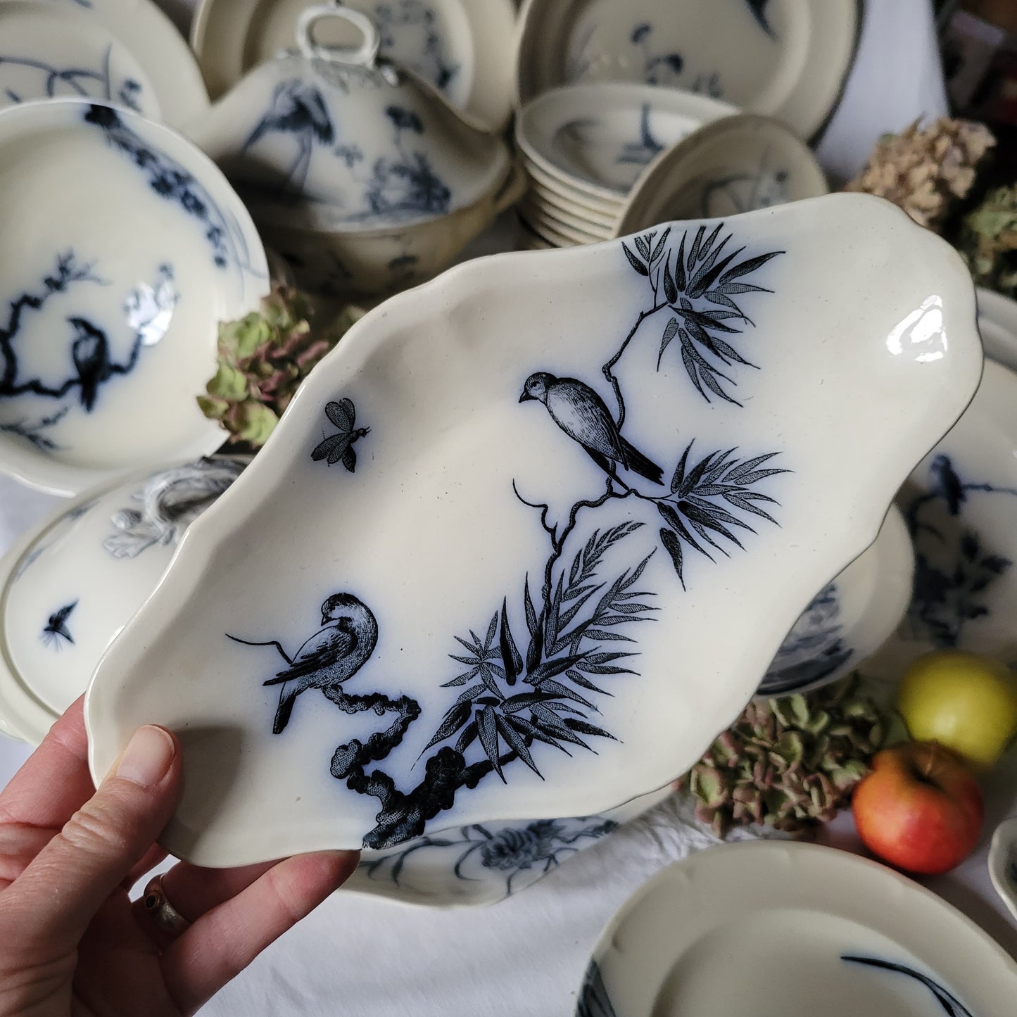 Stunning 48pc French antique dinner service, 12 place Aesthetic bird & floral flow blue / white transferware 'Japonais' c1880 Longwy, France