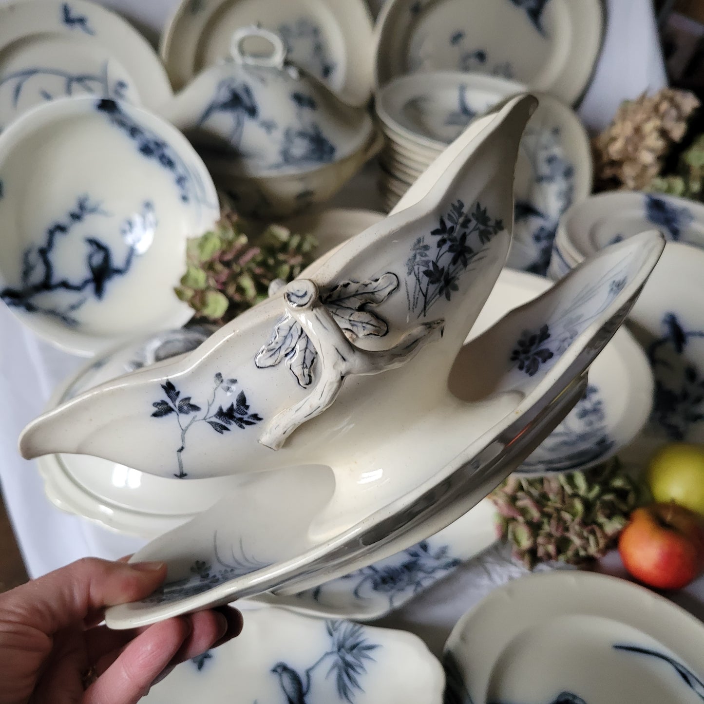 Stunning 48pc French antique dinner service, 12 place Aesthetic bird & floral flow blue / white transferware 'Japonais' c1880 Longwy, France