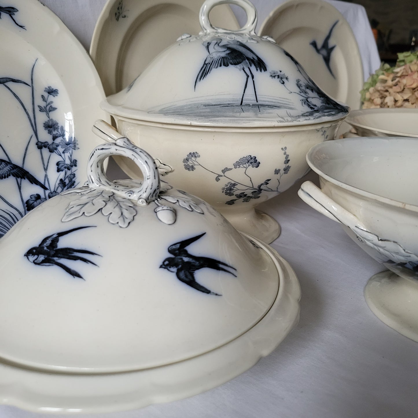 Stunning 48pc French antique dinner service, 12 place Aesthetic bird & floral flow blue / white transferware 'Japonais' c1880 Longwy, France