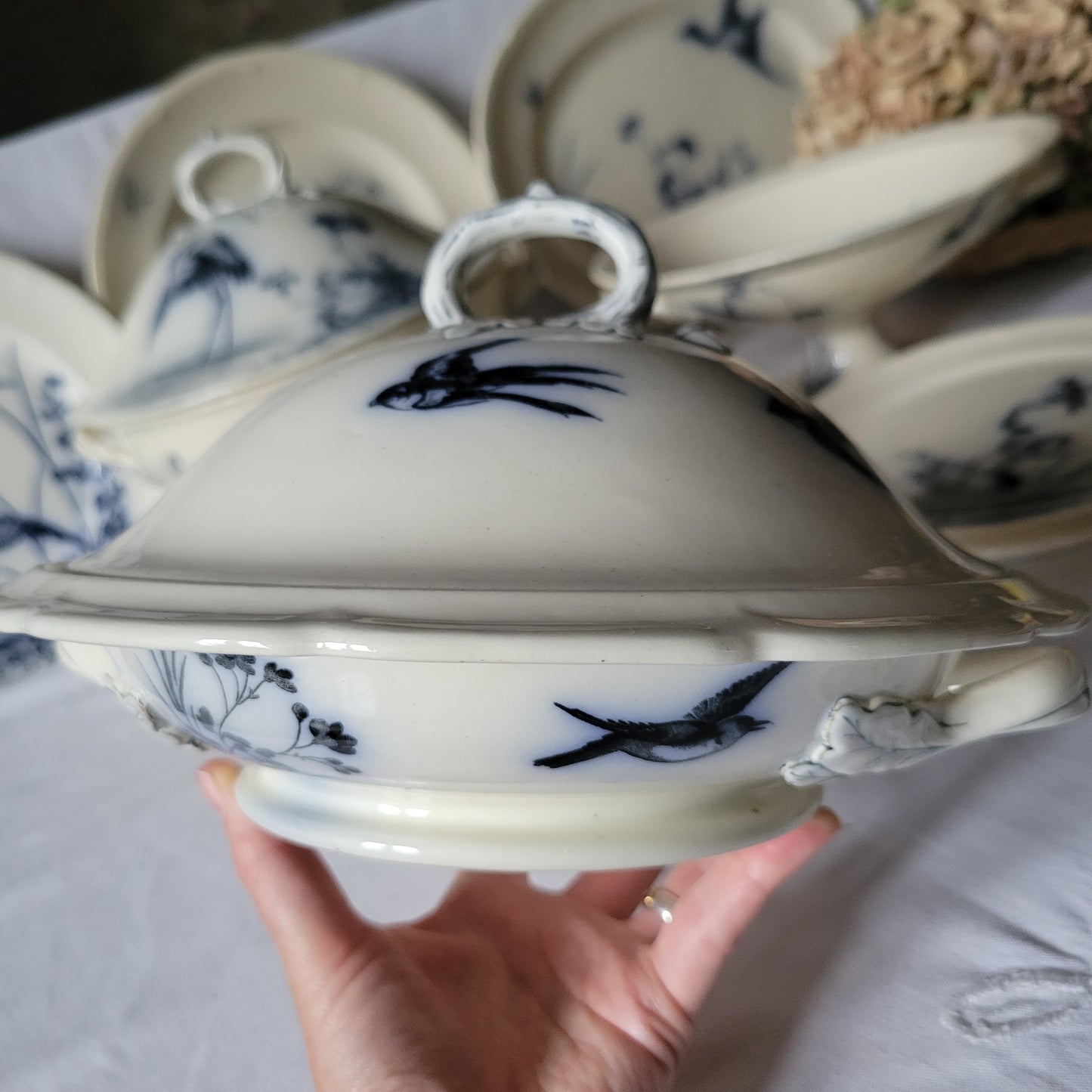 Stunning 48pc French antique dinner service, 12 place Aesthetic bird & floral flow blue / white transferware 'Japonais' c1880 Longwy, France