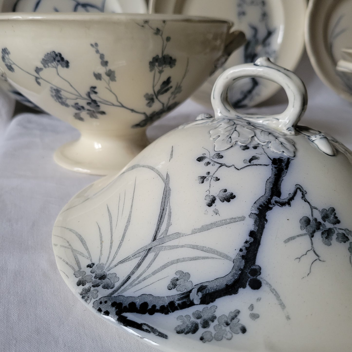 Stunning 48pc French antique dinner service, 12 place Aesthetic bird & floral flow blue / white transferware 'Japonais' c1880 Longwy, France