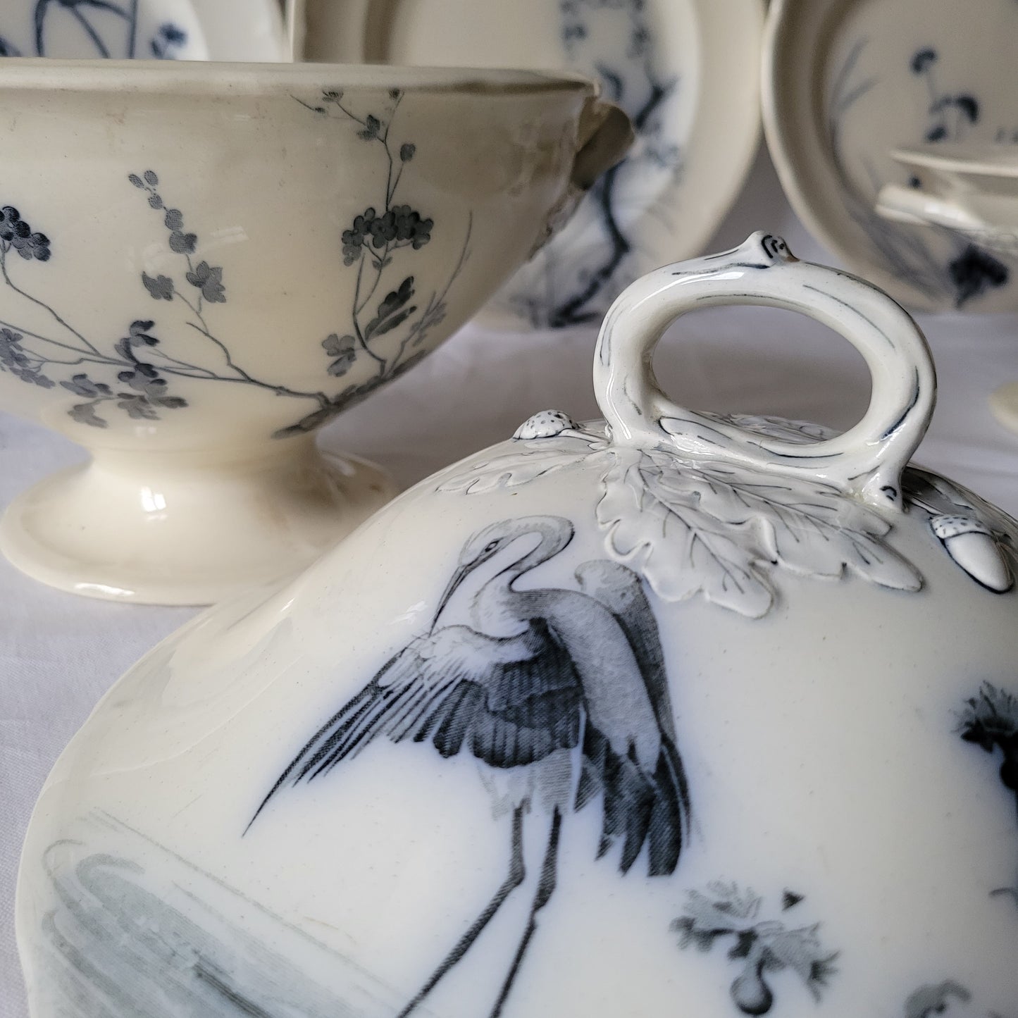 Stunning 48pc French antique dinner service, 12 place Aesthetic bird & floral flow blue / white transferware 'Japonais' c1880 Longwy, France