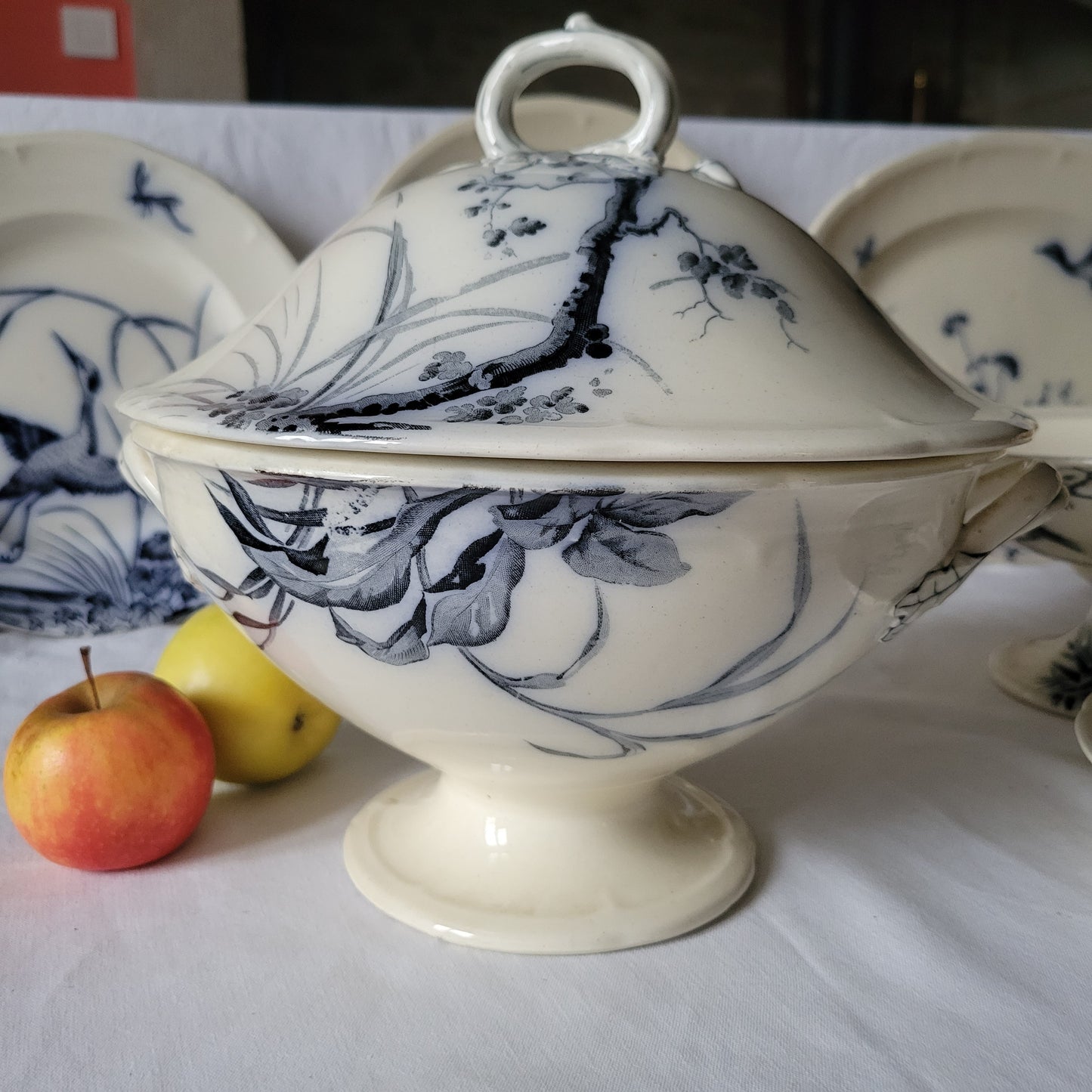 Stunning 48pc French antique dinner service, 12 place Aesthetic bird & floral flow blue / white transferware 'Japonais' c1880 Longwy, France