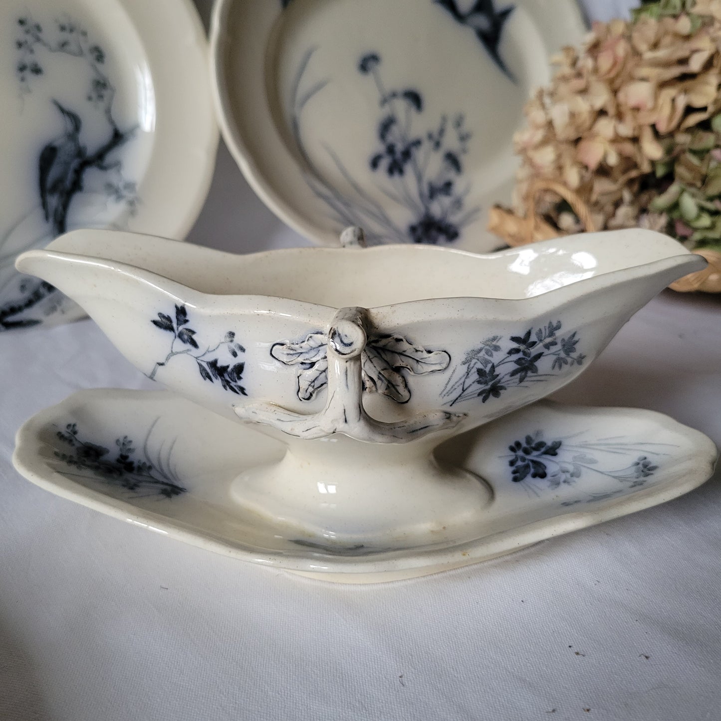 Stunning 48pc French antique dinner service, 12 place Aesthetic bird & floral flow blue / white transferware 'Japonais' c1880 Longwy, France