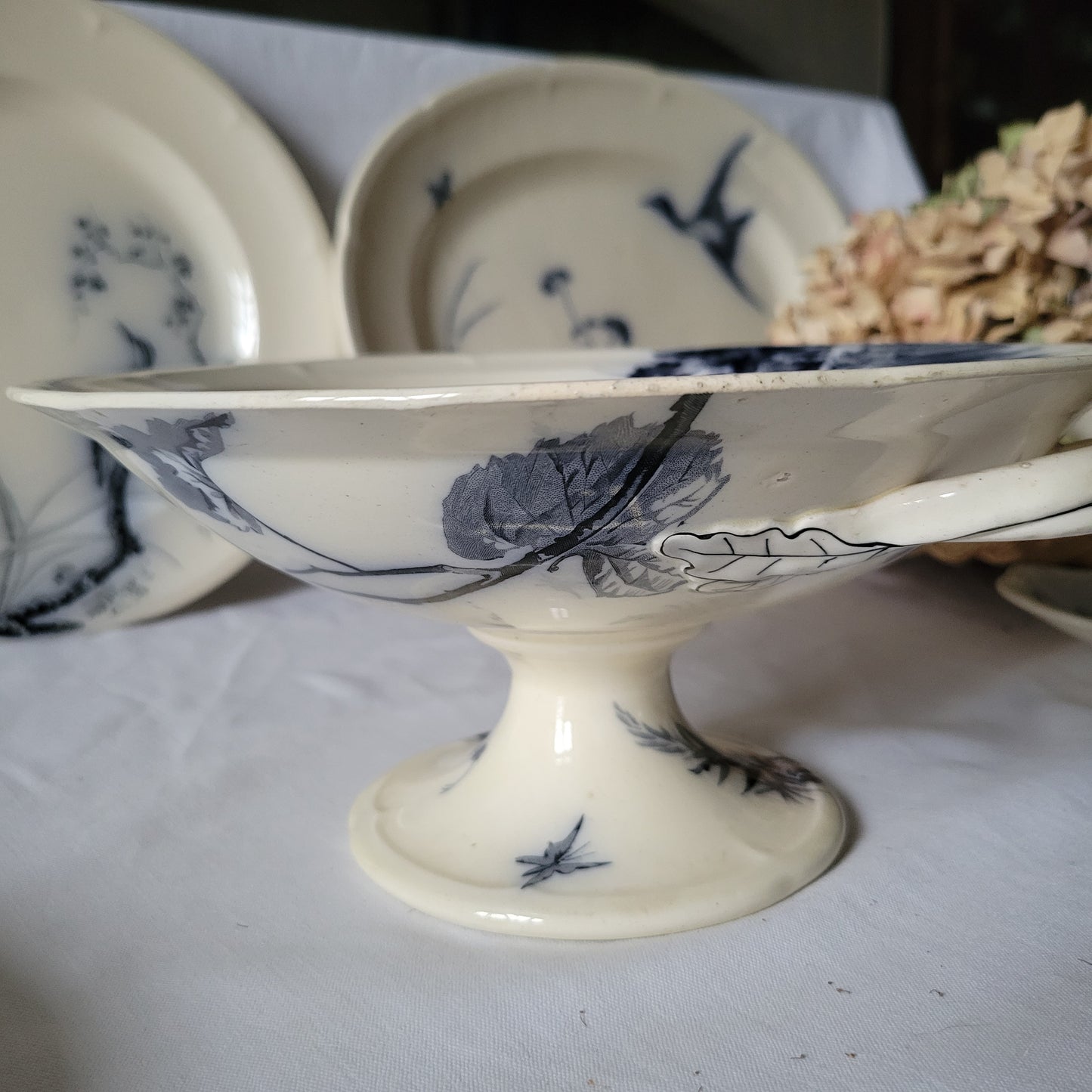 Stunning 48pc French antique dinner service, 12 place Aesthetic bird & floral flow blue / white transferware 'Japonais' c1880 Longwy, France